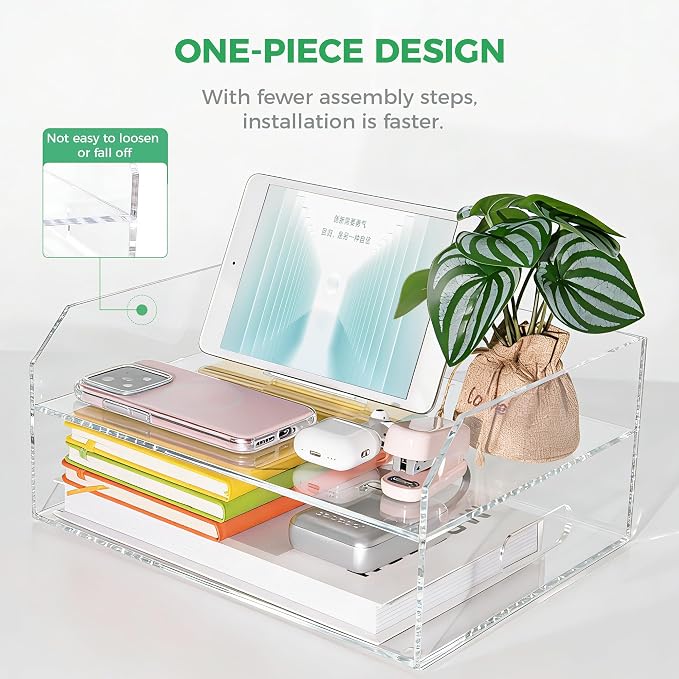 Paper Tray Organizer for Desk, 2 Tier Acrylic Desk Organizers and Accessories, One-Piece Integrated A4 Paper Organizer with Handles, Crystal-Clear Letter Tray & Compact Office File Holder
