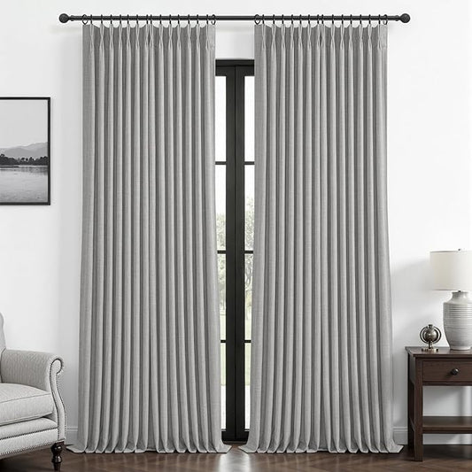 Pinch Pleated Light Grey 108 Inch Large Curtains for Patio Sliding Glass Doors, Extra Long Memory Trained Blackout Double Layer Thick Linen Insulated Sound Dampening Modern Windows Drapes Panels of 2