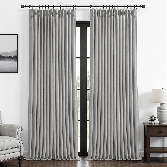 Blackout Pinch Pleated Light Grey Curtains 96 Inches Long 2 Panels Set for Bedroom, Memory Trained Dual Layer Thick Linen Noise Cancelling Insulated Modern Windows Curtain with Track System & Back Tab