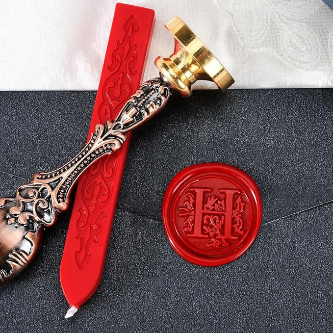 Wax Seal Stamp kit, Envelope Wax Seals DIY Kit - Retro Sealing Wax Candle + Classic Initial Alphabet Seal Wax Seal Stamp Letter H - in Blue Gift Box