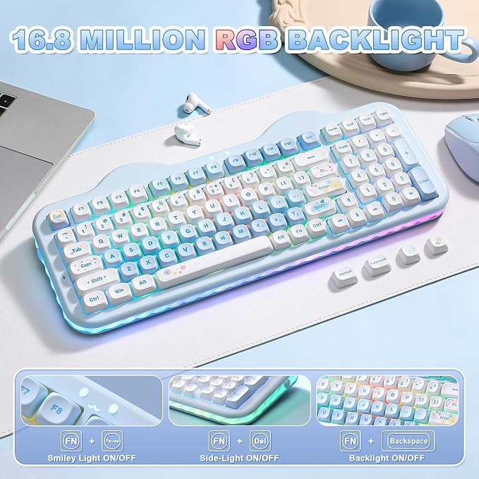 YUNZII C98 Wireless Mechanical Keyboard with Number Pad,98 Key BT5.0/2.4G/USB-C Hot Swap Gasket Mount with PBT MOA Keycaps,Custom RGB,Cute Cake Keyboard for Win/Mac (Blue, Milk V2 Linear Switch)