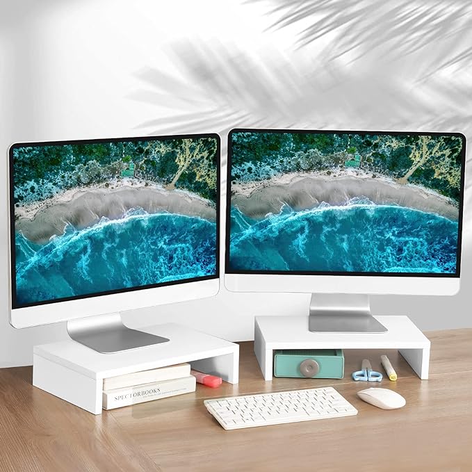TEAMIX White Monitor Stand Riser, 2 Pack Wood | Dual Stand for 2 monitors. Holds 80 lbs, Stack or Separate Adjustable Use, Fits laptop, TV, PC. For Home Office, Gaming