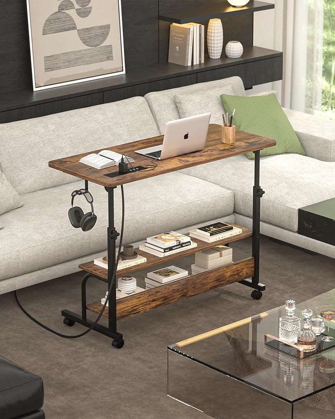 Armocity Rolling Standing Desk with Charging Station, Portable Height Adjustable Mobile Computer Desk with Wheels & 2-Tier Shelves & Hooks, Easy Assembly Laptop Table for Couch Bed, 32" Rustic Brown
