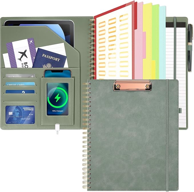 Clipboard with Storage for Men Women, Leather Padfolio Portfolio Organizer 5 Folders with 10 Pockets, Spiral Clipboard Folio with Notepad for Letter Size, Elastic Closure and Pen Loop Sage Green