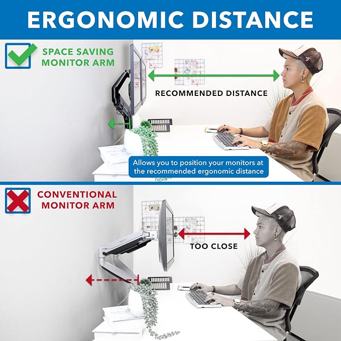 Mount-It Dual Monitor Arm Desk Mount, Low Profile Gas Spring, 17-32 in. | Fits Walls, Space Saving Steel, 19.8 lbs Each, Full Motion Height Adjustable, VESA 75x75/100x100, C-Clamp/Grommet, Black