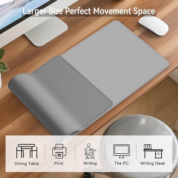 Dual Sided Leather Desk Mat - Waterproof Desk Pad - Ideal for Large Mouse Pad and Desk Mats on Top of Desks (Gray, 33"*13")