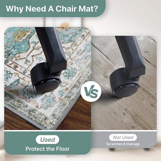 36"x60" Office Chair Mat for Hardwood Tile Floor, Under Desk Carpet Protector for Rolling Computer Chair Mat, Machine Washable Area Rug, Anti-Slip 1/5" Thick Low Pile Thin Vinyl Floor Mat, Cyan