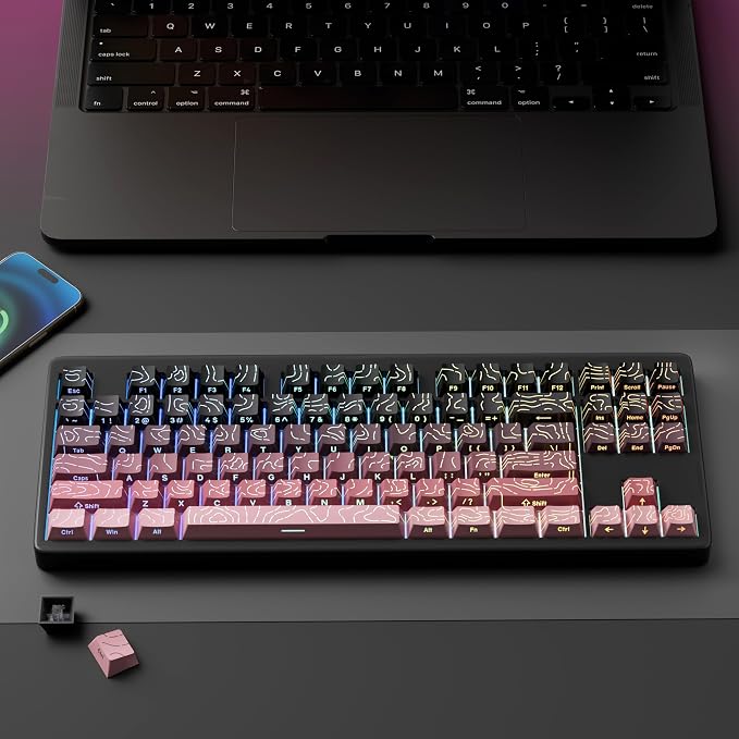 FunHub Shine Through PBT Keycaps - Pink Side Printed DoubleShot Keycaps Set 133 Keys 60 65 75 100 Percent Cherry Profile,Gradient Topographic RGB Backlit Key Caps for MX Full Size Mechanial Keyboards