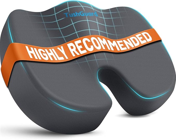 TushGuard Memory Foam Seat Cushion for Office Chair, Car Seat, Gray, XL | Office Chair Cushion for Car, Airplane - Chair Pad for Long Sitting Sciatica, Hip, Coccyx,Tailbone Pain Relief, Butt Pillow
