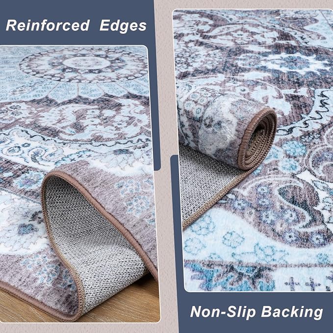 Macgace 3x5 Area Rug for Bedroom, Machine Washable Rugs with Non-Slip Backing for Living Room, Soft Vintage Carpet Kitchen Laundry Kids Room Decor, Blue & Brown