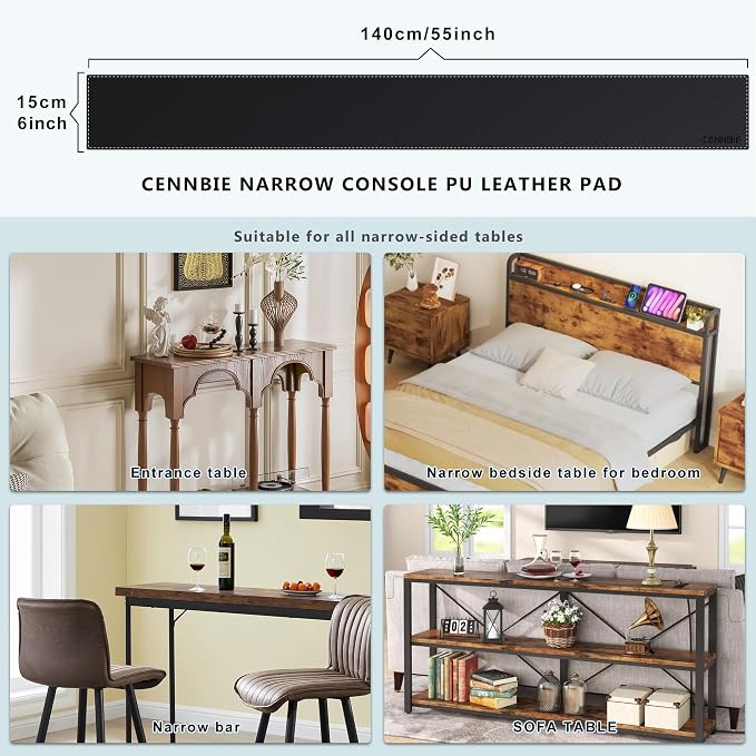 CENNBIE Console Table Leather Cover - 55 x 5.9 Inches Sofa Table Narrow Long Mat - TV/Media/Gaming/Center Console Table Protector Pad for Narrow Side Table, Sideboard, Entryway Table (Black)