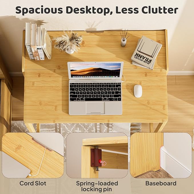 Bamboo Folding Desk for Small Spaces, Mid Century Small Computer Foldable Desk for Bedroom Home Office, Space Saving Sofa Table for Couch, Writing Work Office Desk,Natural