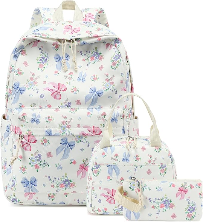 Bluboon Teen Girls School Backpack Kids Bookbag Set with Lunch Box Pencil Case Travel Laptop Backpack Casual Daypacks (Pink Blue Bow - White)