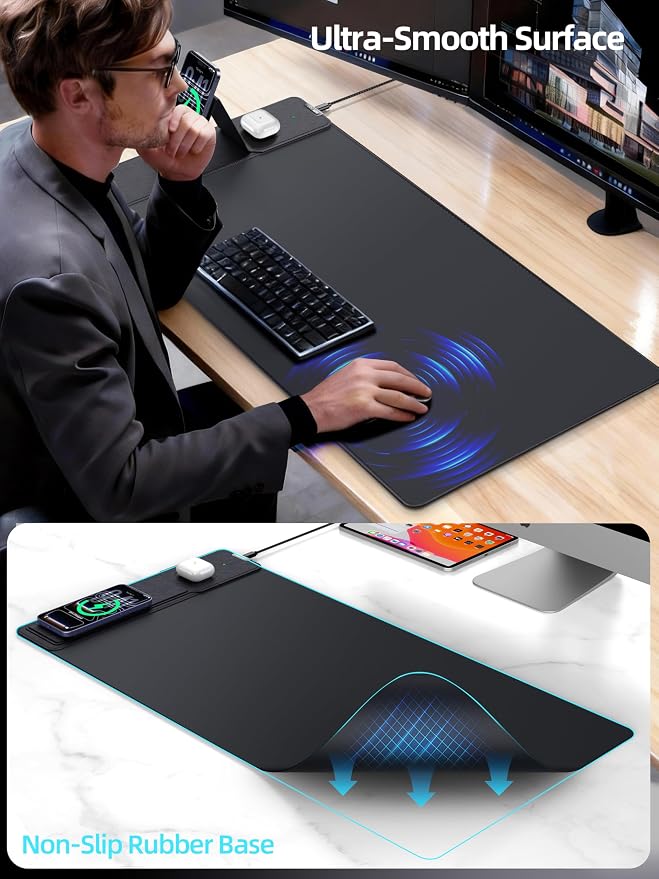 Mouse Pad with Magnetic Wireless Charging & Adjustable Phone Stand, 31.5"x15.8" Extended Desk Mat, Waterproof Ultra-Smooth Keyboard Pad, Non-Slip Base, with 20W PD Adapter, Black