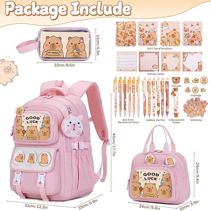 Capybara Backpack for School Girls, 30PCS Capybara Gifts School Supplies Stationery Set with Lunch Box Pencil Case Pens Pencils Notebook Cartoon for Kindergarten Elementary Student(Pink)