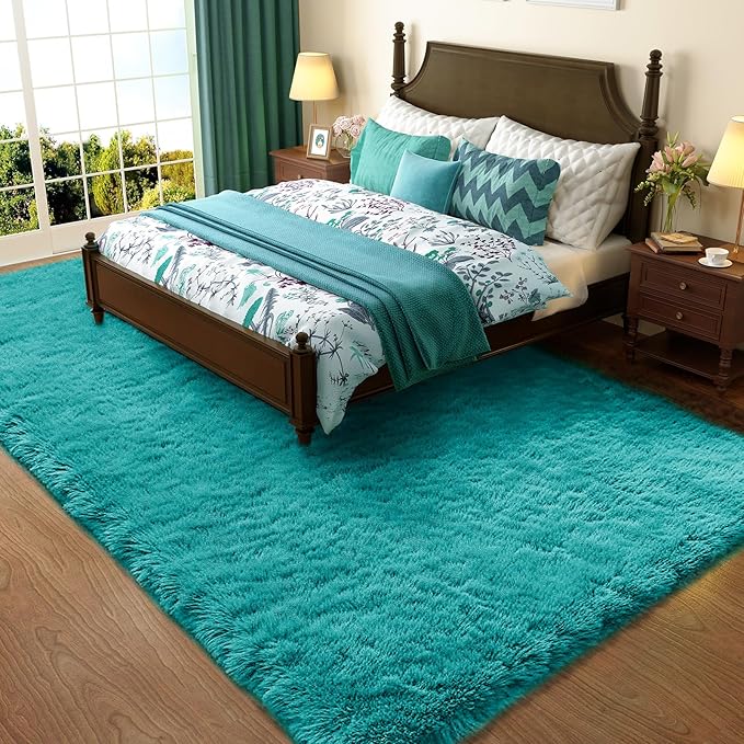 Ophanie Teal Rugs for Bedroom Living Room, Fluffy Fuzzy Furry Carpet, Plush Soft Shaggy Bedside Indoor Floor 4x6 Area Rug for Kids Girls Boys Baby Teen Dorm Nursery Decor with Over 99 pcs Pile fibers