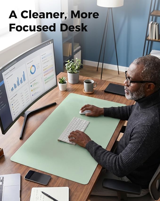 Aothia Double-Sided Desk Pad – 37.8"x17" Leather Desk Mat with Eco Cork Protector, Large Mouse Pad, Waterproof Desk Blotter for Office/Home (Aqua)
