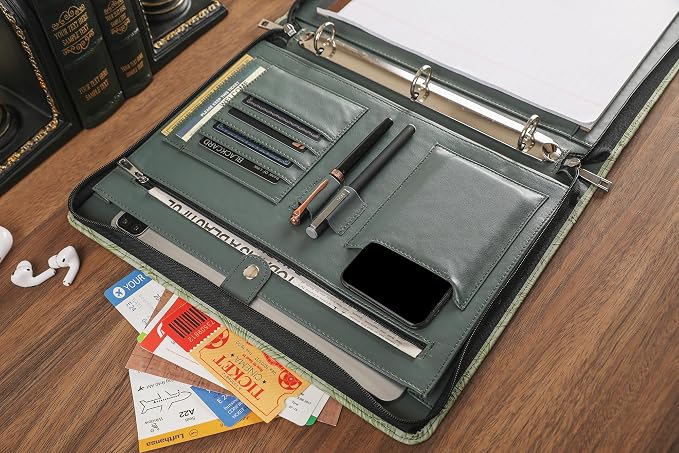 DUKE&COW Vegan Leather Portfolio Binder, Personalized 3 Ring Binder Padfolio for Women, Leather Binder, Handmade Portfolio Oranizer, Engraved Resume Portfolio Folder (Green Pattern, Custom)