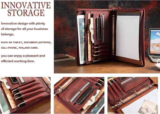 Personalized Genunie Leather Portfolio Binder, Customized Leather Portfolio for Men,3 Ring Binder Business Portfolio for Women, Organizer for A4 Legal Sized Notepad, Customized Gift, Red