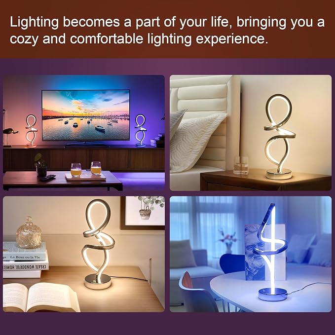 Mayful RGB Modern Table Lamp with 15W LED Unique Spiral Design, Silver Small Bedside Lamp & Nightstand Lamp, Touch Dimmable with 7 Colors & 10 Modes for Bedroom, Living Room, Nightstand, Office