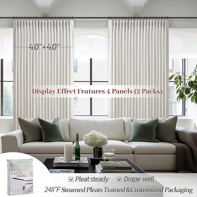 Custom Pinch Pleat Flax Linen 86 Inch Nursery Blackout Curtains 2 Panels Set, Neutral Beige White Room Darkening Thermal Double Layer Thick Drapes with Hooks Rings Curtain 86 Inches Long for Kids Room