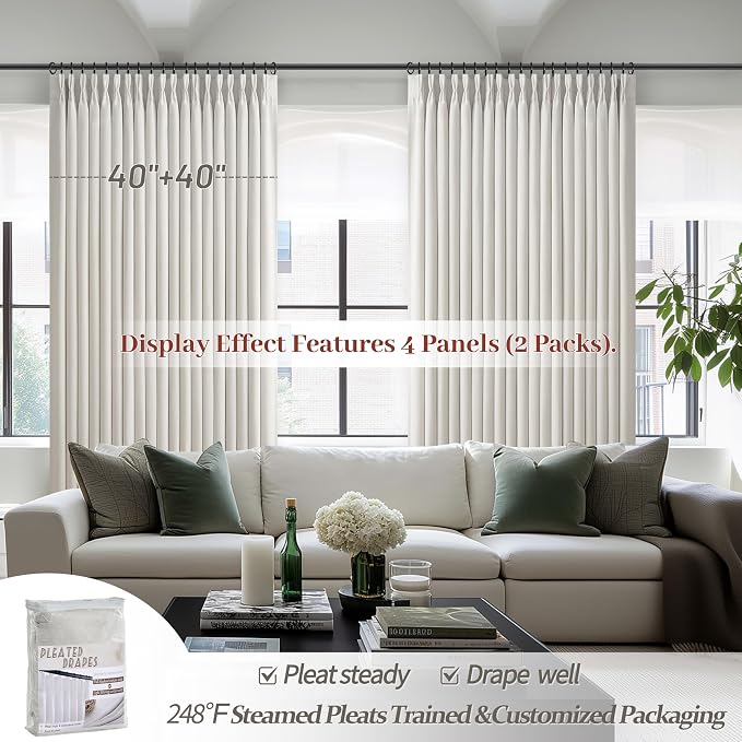 Pinch Pleated Off Beige White Mini Curtains 63 Inch Length 2 Panels Set for Kitchen Windows, Cute Blackout Two Layer Thick Linen Blend Light Blocking Drapes Back Tab for Laundry Room 63 Inches Curtain