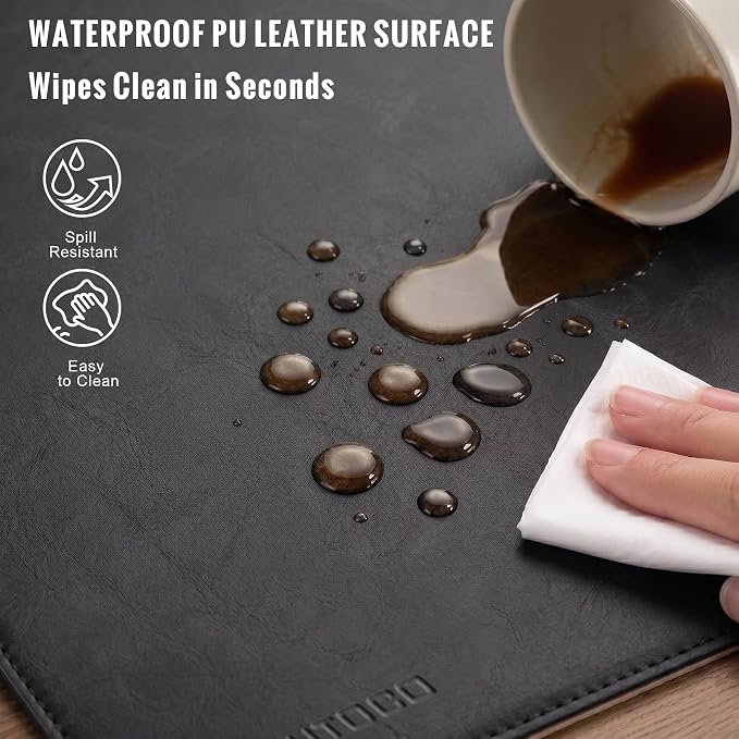 HAUTOCO Cork Desk Mat 31.5"x15.7", Distressed PU Leather & Cloth Desk Pad | Waterproof, Non-Slip, Stitched Edges, Black Large Gaming Mouse Pad, Laptop Blotter & Desk Protector for Office and Home