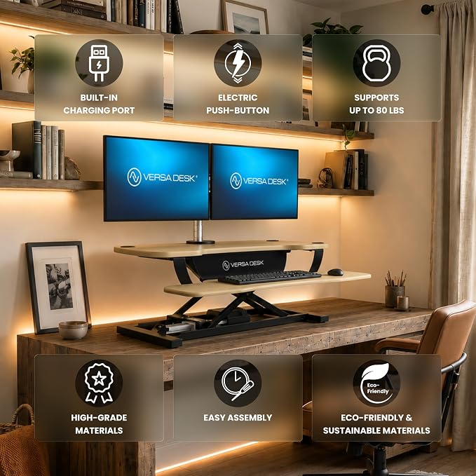 VERSADESK PowerPro Electric Standing Desk Converter - Height Adjustable Desk Riser with Keyboard Tray & USB Hub - Holds 80 lbs - Ergonomic Sit Stand Workstation for Home & Office | Maple (40” x 24”)