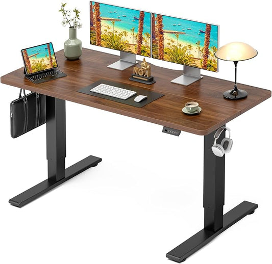 CubiCubi Electric Standing Desk 55 x 24 Inch, Height Adjustable Sit Stand Desk with Memory Presets, Splice Desktop Computer Desk for Home Office, Black Frame/Dark Walnut Top