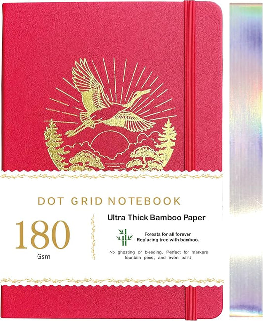 BUKE Dotted Notebook Journal 180GSM Bamboo Thick White Paper 160 Pages 5 * 5MM Dot Grid, Lay Flat Binding,Colored Silver Edges, Bookmarks and Expandable Back Pocket (BKP-6)