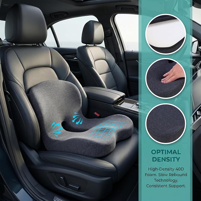 Memory Foam Car Seat Cushion – Ergonomic Driver Seat Cushion for Sciatica & Tailbone Pain, Breathable Non-Slip Car Seat Pad with Lumbar Support for Car, Truck, SUV, Office Chair