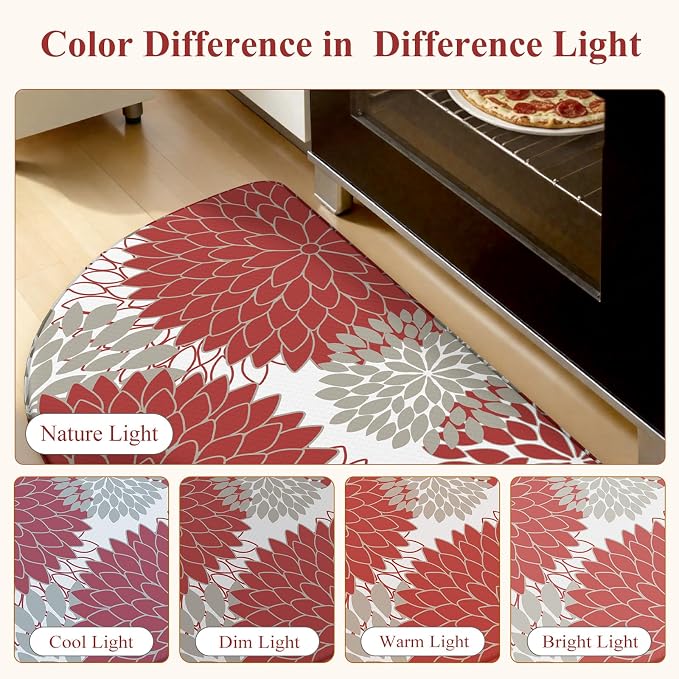 KIMODE Half Circle Kitchen Mats for Floor Cushioned Anti Fatigue 2PCS Semi | 28"x18"+28"x18",Half Round,Red,Boho Kitchen Rug Sets of 2,Non Slip,Waterproof,Padded Kitchen Carpet Decor for Sink Laundry