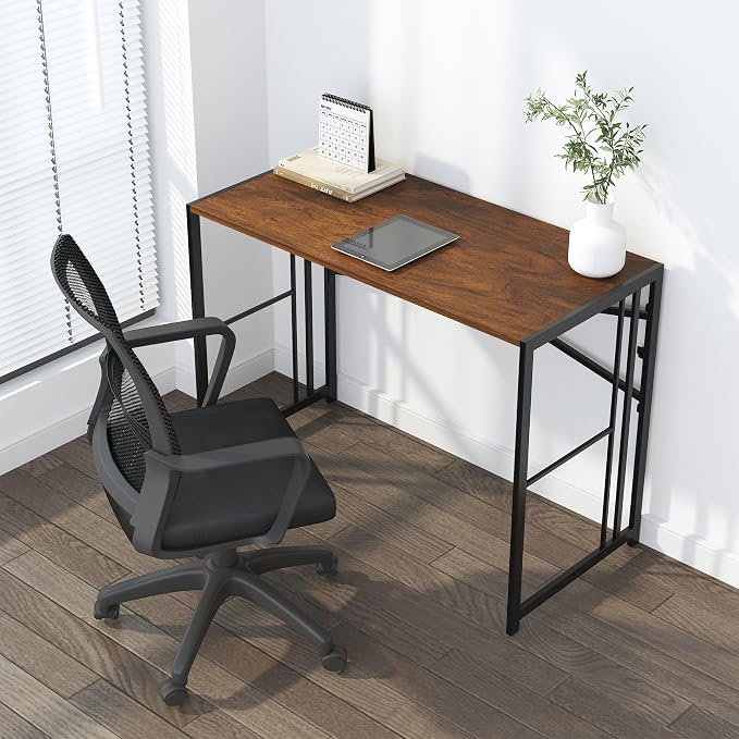 Lutown-Teen 35 inch Folding Small Desk, Writing Gaming Computer Camping Desk for Small Spaces, No Assembly Required Home Office Table, Mahogany