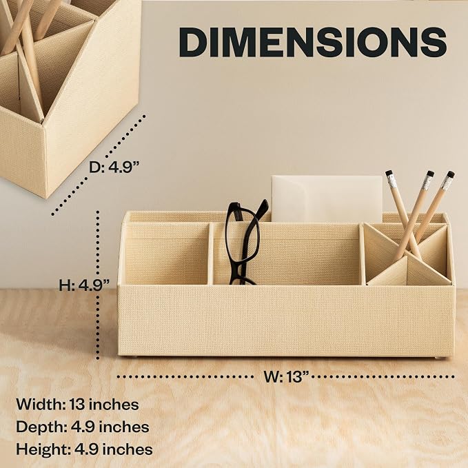 Bigso Elisa Desktop Organizer - Durable Office Desk Organizer with 7 Compartments for Office Supplies - Desk Caddy for Customizable Organization - 13in x 4.9in x 4.9in - Cream