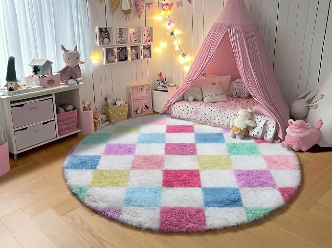 KICMOR Pink Rainbow Round Rug for Bedroom Girls, Cute Fluffy Soft 4ft Circle Area Rug Small Fuzzy Shag Shaggy Living Room Carpet, Circular Checkered Rug for Kids Room Home Decor Aesthetic, Nursery