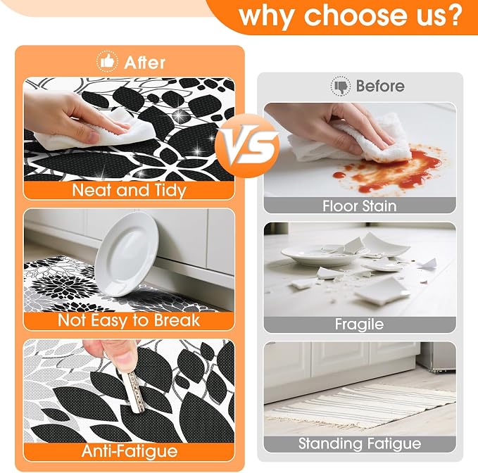 StepLively Kitchen Mats for Floor 2PCS, Anti Fatigue Mats for Kitchen Floor, Kitchen Accessories for Sink, Office, Laundry, 17.3"×30"+17.3"×47", White and Black