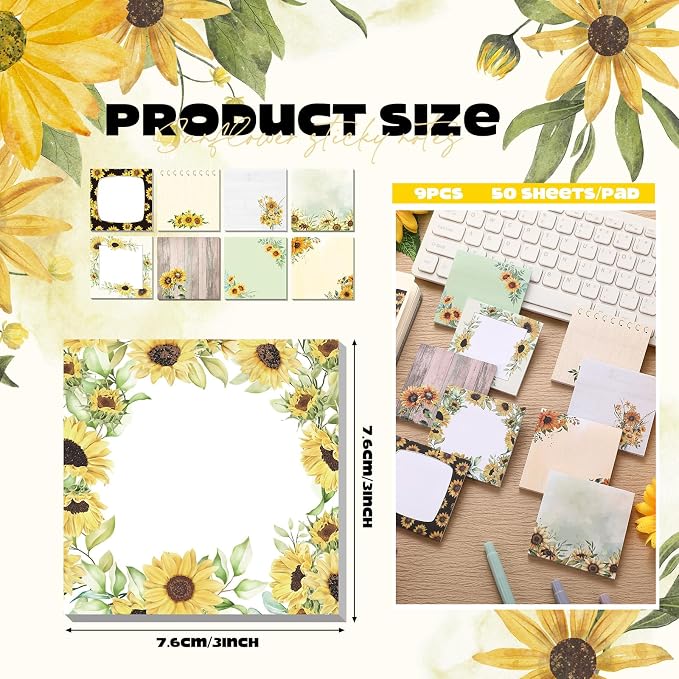 9 Pads Cute Sticky Notes Cartoon Self Stick Notepads 3x3 Inches Notes Adhesive Memo Pad Office Decor Gifts for Students School Teacher Office Meeting(Sunflower)