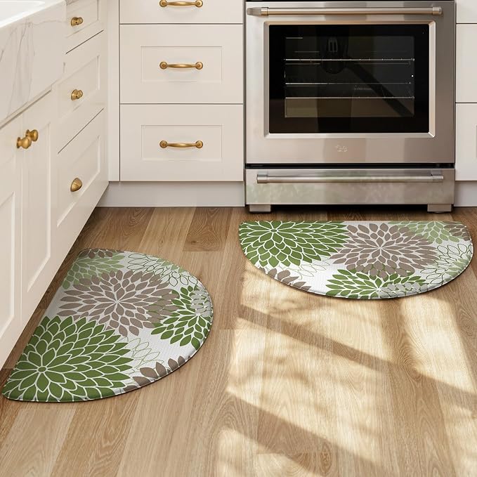 KIMODE Half Circle Anti Fatigue Mats for Kitchen Floor Kitchen Mats 2PCS | 18"x28+18"x28",Sage Green,Dahlia Floral Boho,Kitchen Rug Sets of 2,Non Slip,Waterproof,for Sink Office Laundry Bathroom Decor