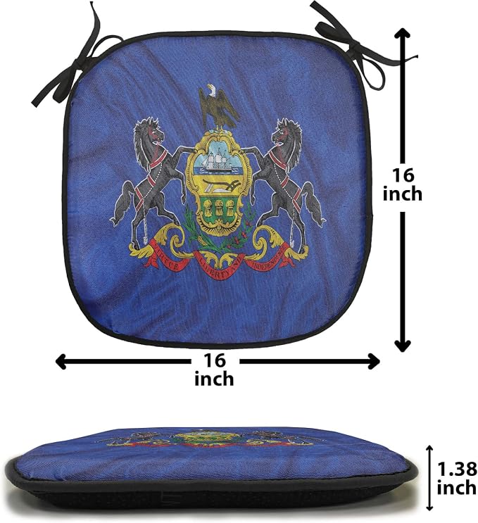 Lunarable American Chair Cushion Pads Set of 2, Pennsylvania Flag Sheaves of Wheat State Coat of Arms Wavy Patriotic, Anti-Slip Seat Padding for Kitchen & Patio, 16"x16", Blue Multicolor