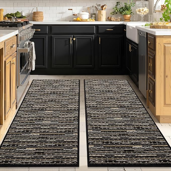 Kitchen Rugs Sets of 2-Non Slip Kitchen Mats for Floor-Thick Stain Resistant Vintage Kitchen Floor Mat Runner Carpet for Hallways Entryway Laundry Room Washable（Black 20"x47"+20"x47"）