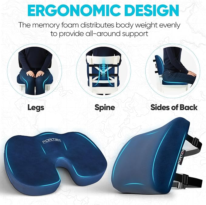 FORTEM Seat Cushion, Office Chair Cushion, Lumbar Support Pillow for Office Chair, Memory Foam Car Seat Cushions, Sciatica Coccyx Tailbone Pain Relief, Cushions for Back Support, Washable, Non Slip