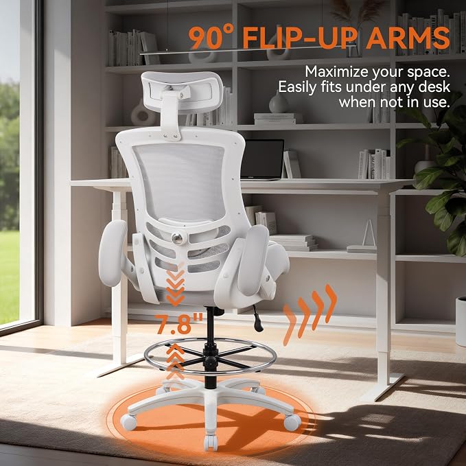 BOLISS Ergonomic Drafting Chair High Back for Standing Desk-Grey | Tall Office Chair Double-Layer Seat Cushion, Adjustable Headrest & Lumbar Support, Flip-Up & Height Adjustable Arms