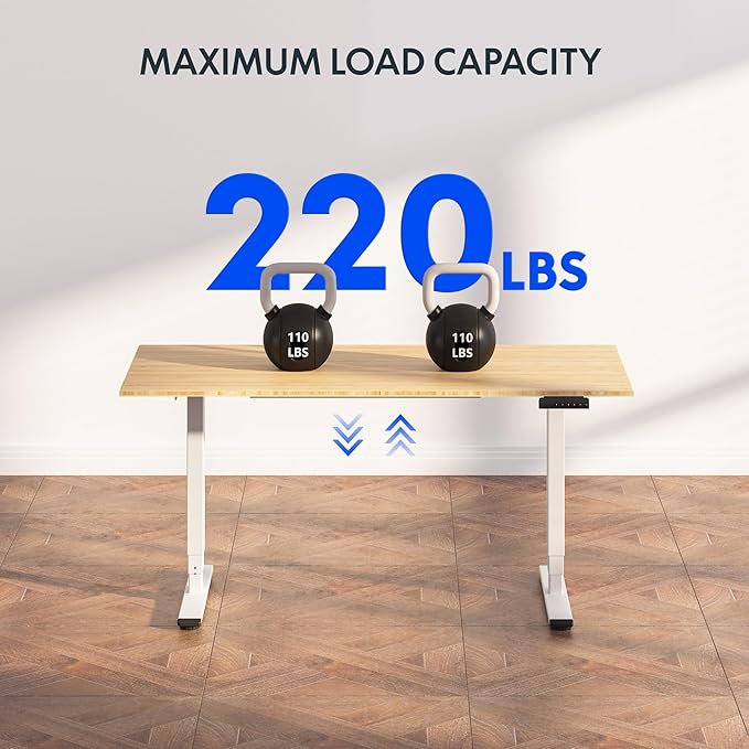 FlexiSpot E6 Bamboo 3-Stage Dual Motor Electric Standing Desk 48 x 24 Sit Stand Up Desk, Holds 220 lbs, Adjustable Height w/ Memory Presets, Solid Bamboo Desktop & White Frame, Ships in 2 Boxes