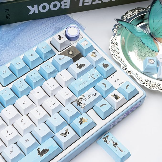 PBT keycap Set 145 Keys Cherry Profile, Blue White Lily Themed Aesthetic Keycaps Custom Dye-Sub Keyboard Keycaps for 60% 65% 70% 75% Cherry Gateron MX Switches Mechanical Keyboards