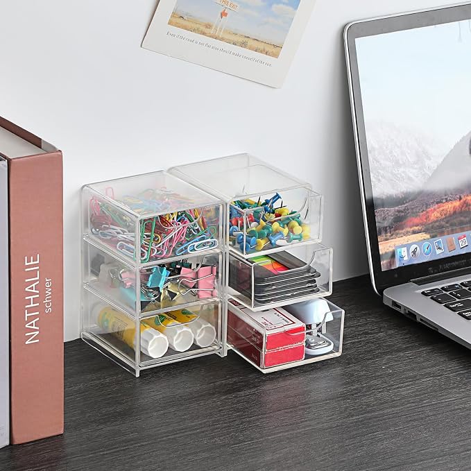 BTSKY 1 Pack Small Acrylic Storage Organizer with Drawers, 3-Layer | Clear Desktop Organizer for Office Supplies Mini Storage Box with Drawers for Desk, Desktop Makeup Drawer Jewelry Storage Box