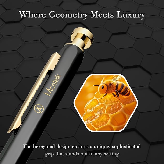 MCNTEIK Black Click Pen With 24K Gold Finish, Fine lacquer work, Exquisite Gel Pen Gift Set for Men & Women, ADMOK Black refill, Office Supplies, Professional, Executive, Nice Retractable Pen
