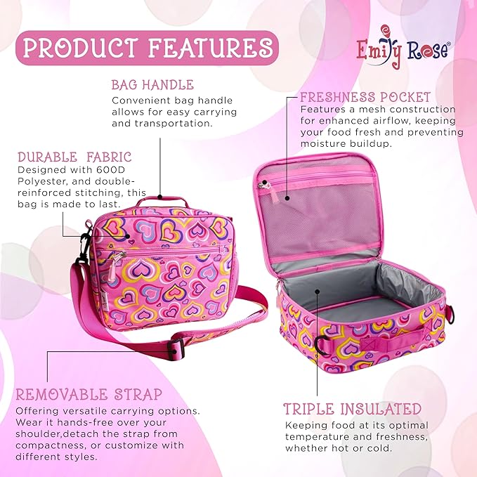 Emily Rose Girls School Set 3-PC Complete Bundle - Insulated Lunch Box + Backpack + Water Bottle with Notebook & Pencils - Ages 3-7 Back to School Supplies BPA Free Pink Hearts