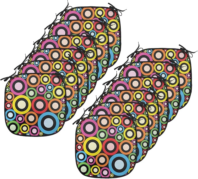 Lunarable Groovy Chair Cushion Pads Set 12, and Funky Retro Ring Shaped Modern Art Geometric Revival Art, Anti-Slip Seat Padding for Kitchen & Patio, 16"x16", Black Multicolor