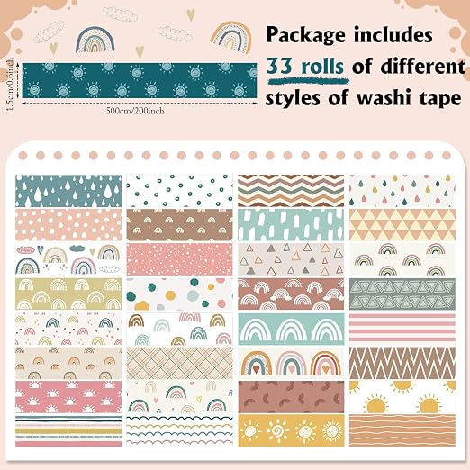 TaoBary 33 Rolls Washi Tape Set, 15 mm Holiday Washi Tape Set Seasonal Plaid Bohemian Colorful Vintage Cute for Card Wrapping Craft(Charming Style)