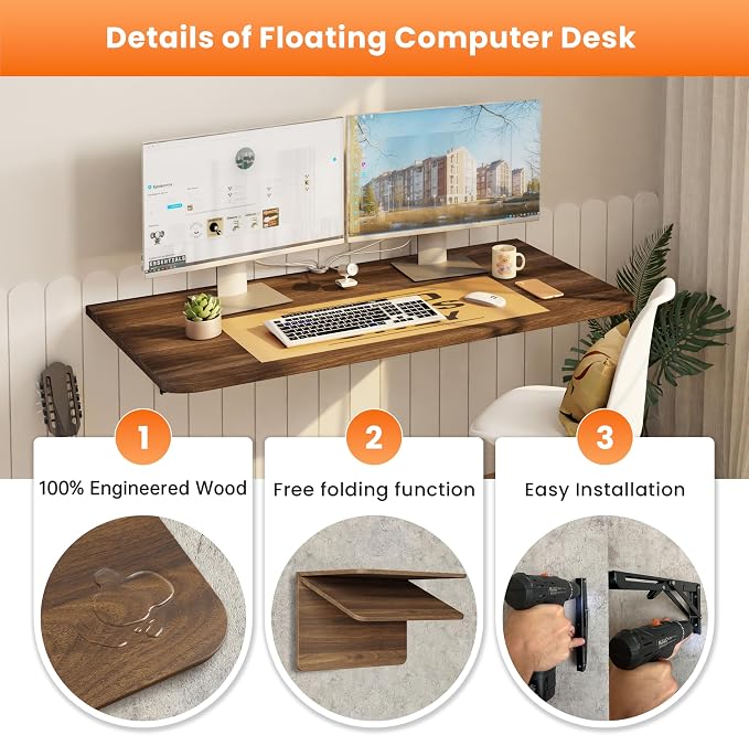 IAE Wall Mounted Floating Foldable Desk, 36" x 22" Folding Computer Workstation Table with Engineered Wood and Metal Shelf Brackets,Fold&Floating Design for Home Office, Apartment,Laundry Room,Walnut